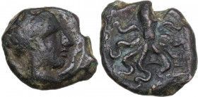 Sicily. Syracuse. Second Democracy. AE Tetras or Trionkion, c. 435-415 BC. Obv. SYPA. Head of Arethusa right, within two dolphins. Rev. Octopus. HGC 2...