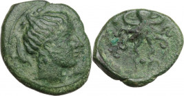 Sicily. Syracuse. Second Democracy (466-405 BC). AE Tetras, c. 435-415 BC. Obv. Head of Arethusa right; dolphin behind. Rev. Octopus; around, three pe...