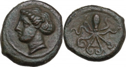 Sicily. Syracuse. Second Democracy (466-405 BC). AE Tetras, c. 435-415 BC. Obv. Head of Arethusa left. Rev. Octopus. HGC 2 1430. AE. 2.50 g. 14.00 mm....