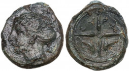 Sicily. Syracuse. Second Democracy. AE Hemilitron, c. 415-405 BC. Obv. Head of Arethusa left, wearing sphendone and earring. Rev. Wheel of four spokes...