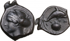 Sicily. Syracuse. Second Democracy (466-405 BC). AE Hemilitron, c. 415-405 BC. Obv. Head of Arethusa left, wearing sphendone and earring (in the shape...