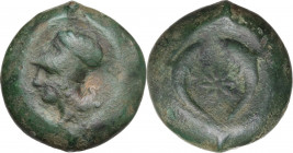 Sicily. Syracuse. Dionysios I to Dionysios II. AE Drachm. Struck c. 380 BC. Obv. Head of Athena left, wearing Corinthian helmet decorated with olive-w...