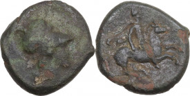 Sicily. Syracuse. Agathokles (c. 317-310 BC). AE Tetras, c. 310-309 BC. Obv. Helmeted head of Athena right. Rev. Horseman charging right, carrying cou...