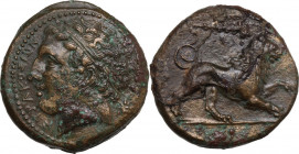 Sicily. Syracuse. Agathokles (317-289 BC). AE Litra, c. 308-307 BC. Obv. Diademed head of Herakles left, hair bound with tainia; behind, bow. Rev. Lio...