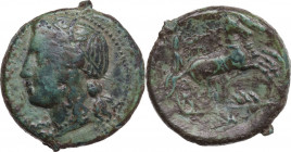 Sicily. Syracuse. Hiketas (287-278 BC). AE Hemilitron. Obv. Head of Kore-Persephone left, crowned with ears of corn. Rev. Nike driving galloping biga ...