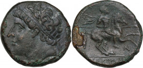 Sicily. Syracuse. Hieron II (274-215 BC). AE 26 mm. Obv. Diademed head left. Rev. Mounted warrior in full armor right, holding spear; in lower right f...