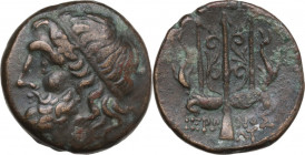 Sicily. Syracuse. Hieron II (274-215 BC). AE Litra, c. 230-215 BC. Obv. Diademed head of Poseidon left. Rev. Ornamented trident head flanked by two do...