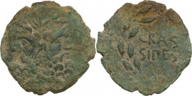 Sicily. Uncertain mint. AE As, c. 200-190 BC. Crassipes, quaestor. Obv. Laureate head of Janus; I above. Rev. CRASSIPES within wreath. HGC 2 1690; BAR...