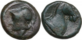 Anonymous. AE Half Unit, Neapolis mint(?), after 276 BC. Obv. Helmeted head of Minerva left. Rev. [ROMANO] Bridled horse's head right. Cr. 17/1a; HN I...
