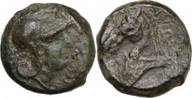Anonymous. AE Half Unit, Neapolis mint(?), after 276 BC. Obv. Helmeted head of Minerva right; to right, ROMANO upwards. Rev. Horse's head left on base...