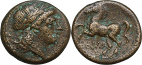 Anonymous. AE Bronze, c. 234-231 BC. Obv. Laureate head of Apollo right; at centre, countermark (dot within trianular incuse). Rev. Bridled horse pran...