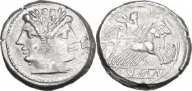 Anonymous. AR Quadrigatus (Didrachm), uncertain Campanian mint (Capua?), 216 BC. Obv. Laureate Janiform head of Dioscuri. Rev. Jupiter in quadriga rig...