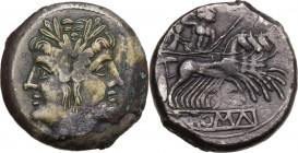 Anonymous. Quadrigatus (Didrachm), uncertain Campanian mint (Capua?), 215 BC (debased coinage). Obv. Laureate Janiform head of Dioscuri. Rev. Jupiter ...