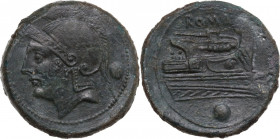 Anonymous semilibral series. AE Uncia, 217-215 BC. Obv. Helmeted head of Roma left; behind, pellet. Rev. ROMA. Prow right; below, pellet. Cr. 38/6. AE...