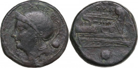 Anonymous semilibral series. AE Uncia, 217-215 BC. Obv. Helmeted head of Roma left; behind, pellet. Rev. Prow right; below, pellet. Cr. 38/6. AE. 12.3...