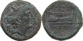 Anonymous semilibral series. AE Semuncia, c. 217-215 BC. Obv. Head of Mercury right, wearing winged petasus. Rev. ROMA. Prow right. Cr. 38/7. AE. 7.17...