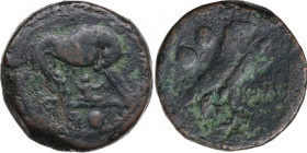 Anomalous Semilibral series. AE Sextans, c. 217-215 BC. Obv. She-wolf suckling twins; in exergue, two pellets. Rev. ROMA. Eagle standing right, holdin...