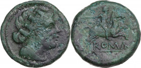 Anomalous Semilibral series. AE Semuncia, c. 217-215 BC. Obv. Draped female bust right, wearing turreted crown. Rev. Horseman galloping right, holding...