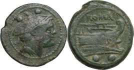 Anonymous post semilibral series. AE Sextans, 215-212 BC. Obv. Head of Mercury right, wearing winged petasos; above, two pellets. Rev. Prow right; bel...