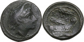 Corn-ear series. AE Semuncia, c. 214-212 BC, Sicily mint. Obv. Head of Mercury right. Rev. Prow right, above corn-ear. Cr. 42/5. AE. 3.20 g. 16.00 mm....