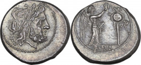 Anonymous. Victoriatus, uncertain Campanian mints (Castra Claudiana and Cales?), 215-211 BC. Obv. Laureate head of Jupiter right. Rev. Victory standin...