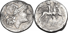 Anonymous. AR Quinarius, uncertain Sicilian mint (Catania?), 214 BC. Obv. Helmeted head of Roma right, head extended forward; behind, V. Rev. The Dios...