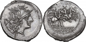 Anonymous. Denarius, uncertain Campanian mint (Capua?), 209 BC. Obv. Helmeted head of Roma right; behind, X. Rev. The Dioscuri galloping right; in lin...
