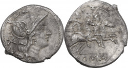 Anonymous. AR Denarius, uncertain Campanian mint (Capua?), 209 BC. Obv. Helmeted head of Roma right; behind, X. Rev. The Dioscuri galloping right; in ...