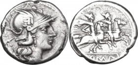 Anonymous. AR Denarius, uncertain Lucanian mint (Venusia?), 207 BC. Obv. Helmeted head of Rome right; behind, X. Rev. The Dioscuri galloping right; in...