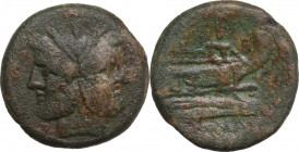 Anonymous sextantal series. AE As, after 211 BC. Obv. Laureate head of Janus; above, I. Rev. Prow right; above, I; below, ROMA. Cr. 56/2. AE. 32.30 g....
