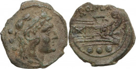 Anonymous sextantal series. AE Quadrans of reduced weight, after 211 BC. Obv. Head of Hercules right; behind, three pellets. Rev. Prow right; below, t...