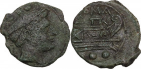 Anonymous light series. AE Sextans, Sardinia, after 211 BC. Obv. Head of Mercury right, wearing petasos; above, two pellets. Rev. Prow right; below, t...