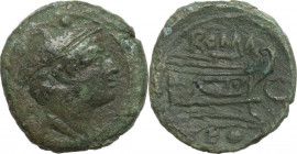 C series. AE Sextans, Sardinia, c. 211-208 BC. Obv. Head of Mercury right; above, two pellets. Rev. ROMA. Prow right; before, C; below, two pellets. C...