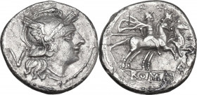 AVR series (?). AR Quinarius, uncertain Sardinian mint, 209 BC. Obv. Helmeted head of Roma right; behind, V. Rev. The Dioscuri galloping right; below ...