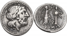VB series. AR Victoriatus, uncertain Samnite mint, 212 BC. Obv. Laureate head of Jupiter right. Rev. Victory standing right, crowning trophy; between,...