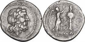 VB series. AR Victoriatus, uncertain Samnite mint, 211 BC. Obv. Laureate head of Jupiter right. Rev. Victory standing right, crowning trophy; between,...