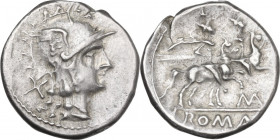 MAT series. AR Denarius, 179-170 BC. Obv. Helmeted head of Roma right; behind, X. Rev. The Dioscuri galloping right, below, unfinished MAT monogram (t...