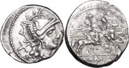 MAT series. AR Denarius, 179-170 BC. Obv. Helmeted head of Roma right; behind, X. Rev. The Dioscuri galloping right; below, MΛT ligate and in exergue,...