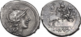 Anonymous. AR Denarius, 179-170 BC. Obv. Helmeted head of Roma right; behind, X. Rev. The Dioscuri galloping right; below, ROMA in linear frame. Cr. 1...