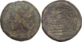 A. Caecilius. AE As, c. 169-158 BC. Obv. Laureate head of Janus; above, I. Rev. Prow right; above, A CAE(ligate); before, I; below, ROMA. Cr. 174/1; B...