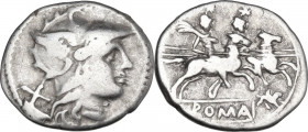 Gryphon series. AR Denarius, uncertain Spanish mint (Cartagena?), 204 BC. Obv. Helmeted head of Roma right; behind, X. Rev. The Dioscuri galloping rig...