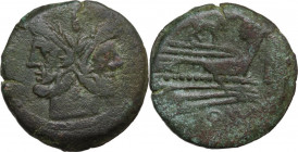Ass series. AE As, c. 169-158 BC. Obv. Laureate head of Janus; above, I. Rev. Prow right; above, ass; before, I; below, ROMA. Cr. 195/1. AE. 17.84 g. ...