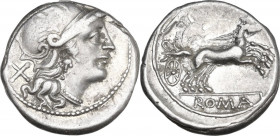 Anonymous. AR Denarius, c. 157-156 BC. Obv. Helmeted head of Roma right; behind, X. Rev. Victory in biga right, holding reins in left hand and goad in...