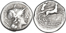 Anonymous. AR Denarius, 157-156 BC. Obv. Helmeted head of Roma right; behind, X. Rev. Victory in prancing biga right; in exergue, ROMA. Cr. 197/1. AR....