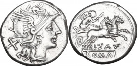 L. Saufeius. Denarius, 152 BC. Obv. Helmeted head of Roma right; behind, X. Rev. Victory in biga right; below, L·SAVF (VF ligate); in exergue or in li...