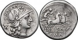 L. Saufeius. AR Denarius, 152 BC. Obv. Helmeted head of Roma right, X behind. Rev. Victory in biga right, L. SAVF below horses, ROMA in exergue. Cr. 2...