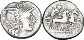 Pinarius Natta. AR Denarius, 149 BC. Obv. Helmeted head of Roma right; behind, X. Rev. Victory in biga right; below horses, NATTA (TA ligate); in exer...