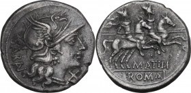 M. Atilius Saranus. AR Denarius, 148 BC. Obv. Helmeted head of Roma right; behind, SARAN downwards; before, X. Rev. The Dioscuri galloping right; belo...