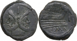 M. Atilius Saranus. AE As, 148 BC. Obv. Laureate head of Janus; above, mark of value I. Rev. M ATILI. Prow right; before, mark of value I; below, ROMA...