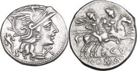 L. Cupiennius. AR Denarius, 147 BC. Obv. Helmeted head of Roma right; behind, cornucopiae; before, X. Rev. The Dioscuri galloping right; below, L·CVP ...